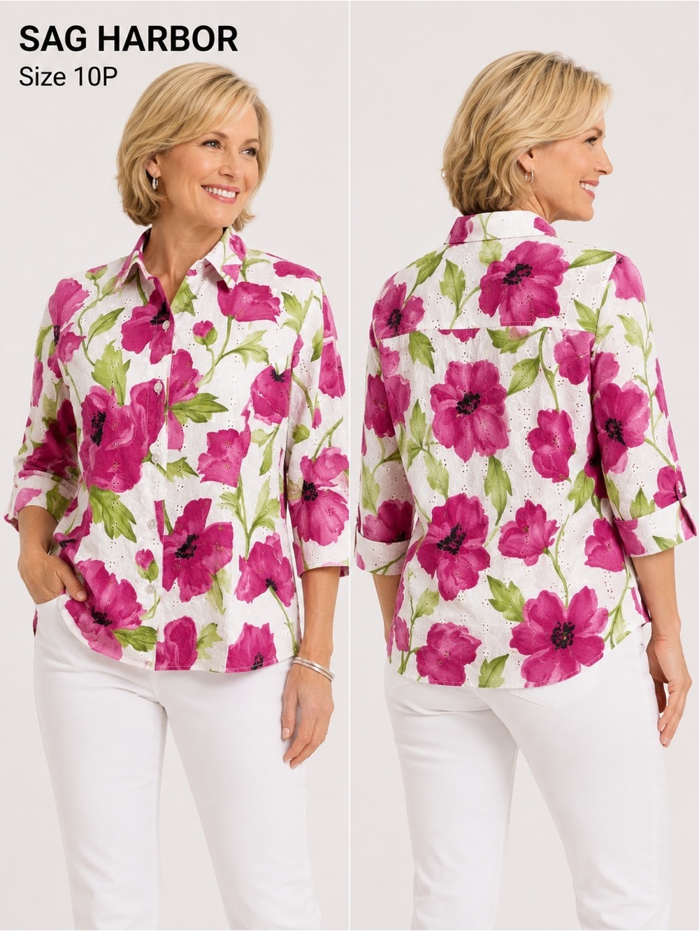 Sag Harbor White Floral Eyelet Button-Front Shirt Cotton Cottagecore /size 10P